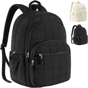 15.6 Inch Laptop Backpack College Backpack Puffer Quilted Work Backpack for Women Fashionable Daypack Black
