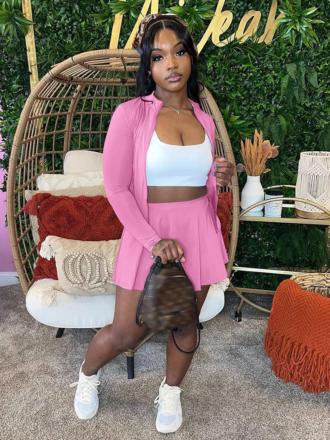 2 Piece Skirt Set for Women 2025 Long Sleeve Zipper Up Jacket and Pleated Mini Dress Short Sets Tracksuit