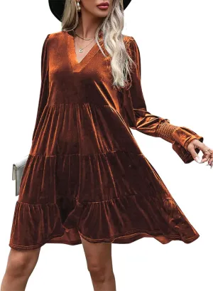 2024 Womens Elegant Velvet Long Sleeve Dress Casual Fall V Neck A Line Babydoll Flowy Formal Wedding Party Mini Dress