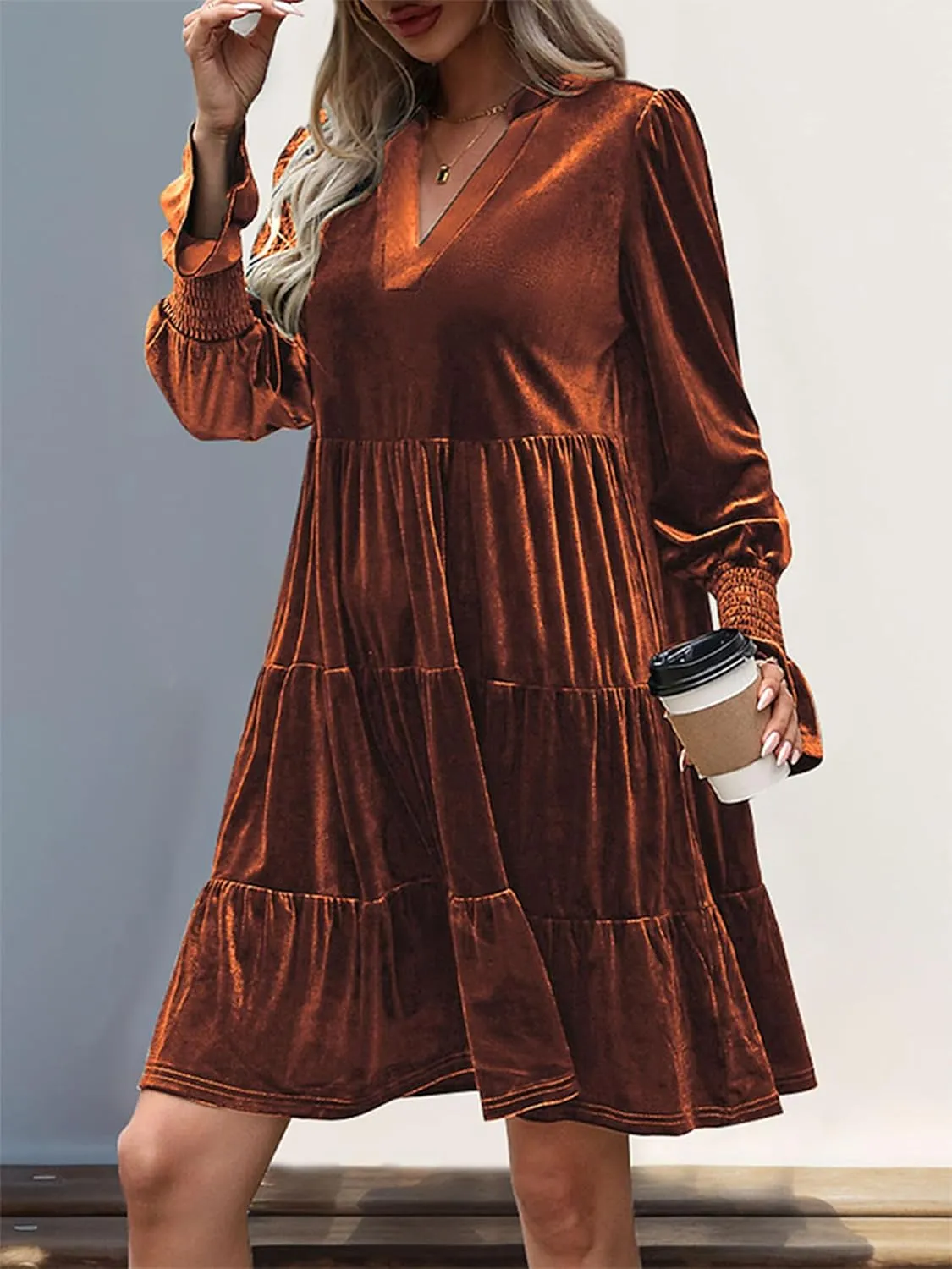 2024 Womens Elegant Velvet Long Sleeve Dress Casual Fall V Neck A Line Babydoll Flowy Formal Wedding Party Mini Dress