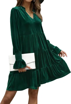 2024 Womens Elegant Velvet Long Sleeve Dress Casual Fall V Neck A Line Babydoll Flowy Formal Wedding Party Mini Dress