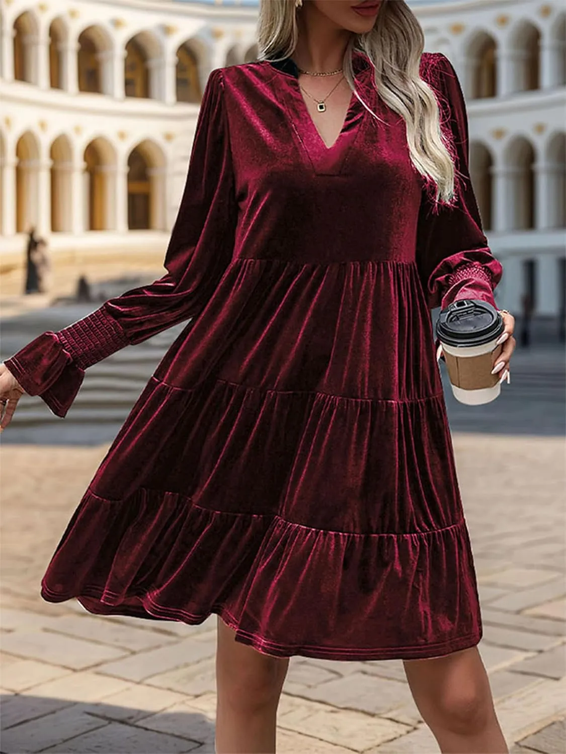 2024 Womens Elegant Velvet Long Sleeve Dress Casual Fall V Neck A Line Babydoll Flowy Formal Wedding Party Mini Dress