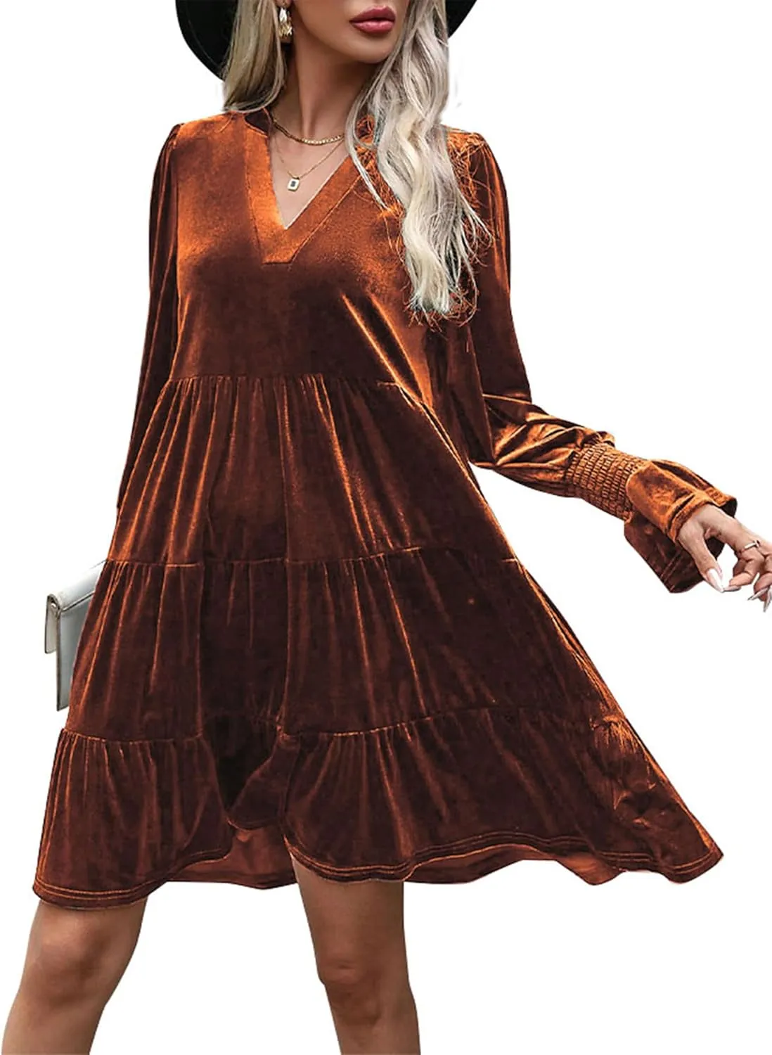 2024 Womens Elegant Velvet Long Sleeve Dress Casual Fall V Neck A Line Babydoll Flowy Formal Wedding Party Mini Dress