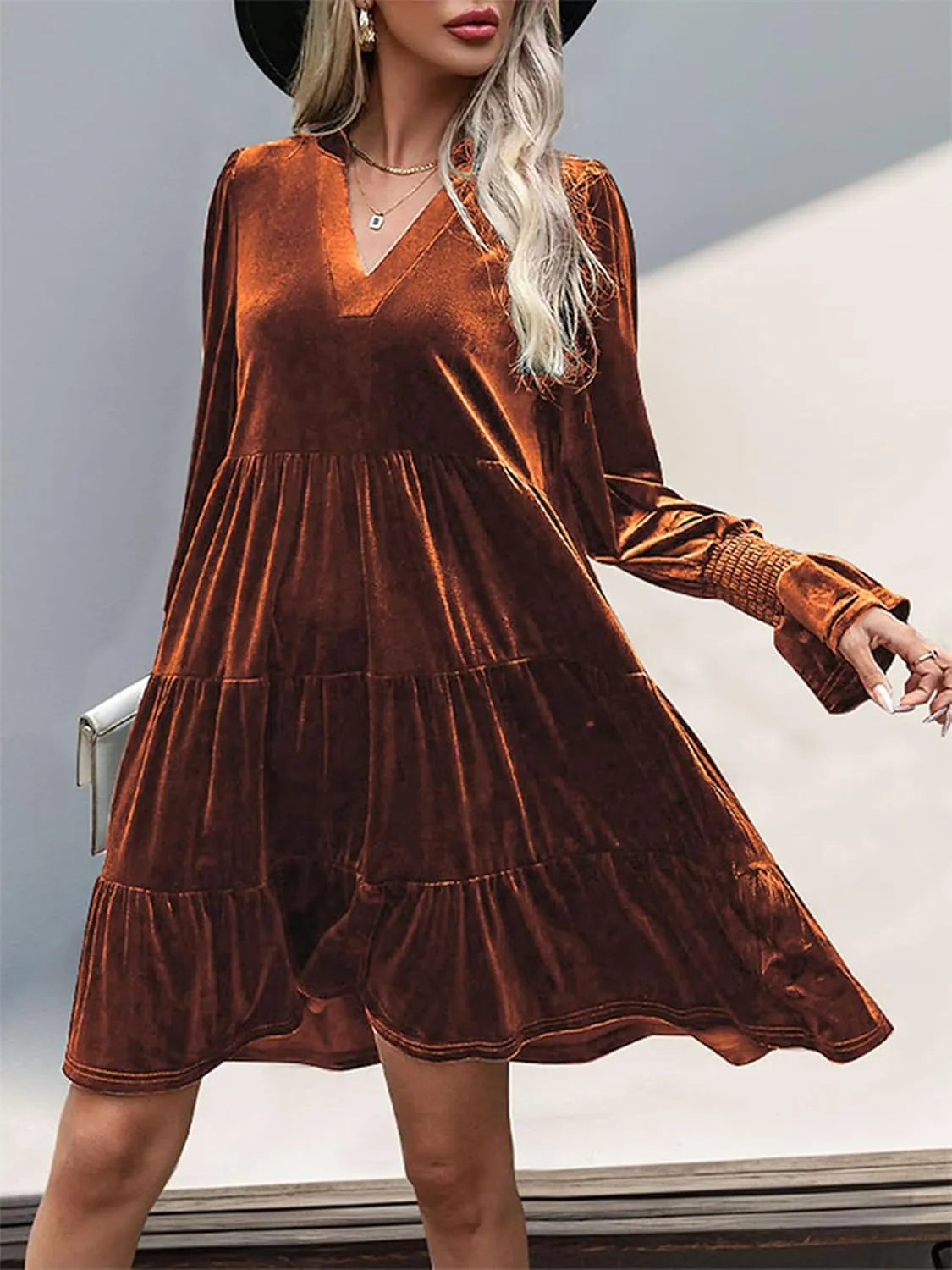 2024 Womens Elegant Velvet Long Sleeve Dress Casual Fall V Neck A Line Babydoll Flowy Formal Wedding Party Mini Dress
