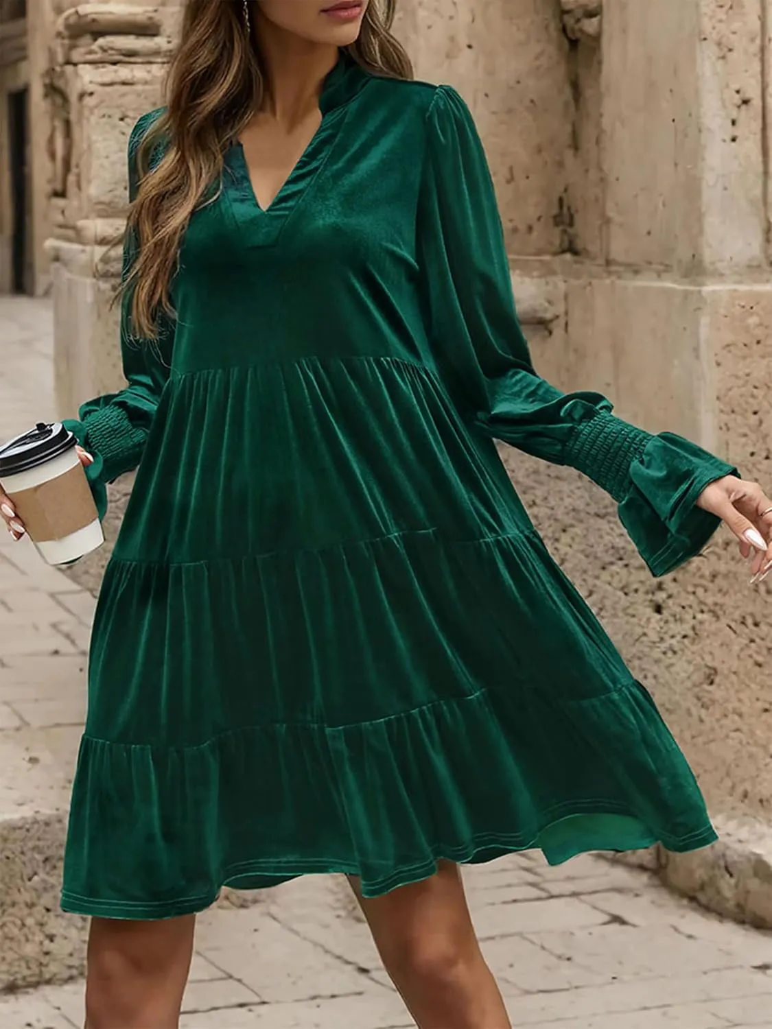 2024 Womens Elegant Velvet Long Sleeve Dress Casual Fall V Neck A Line Babydoll Flowy Formal Wedding Party Mini Dress