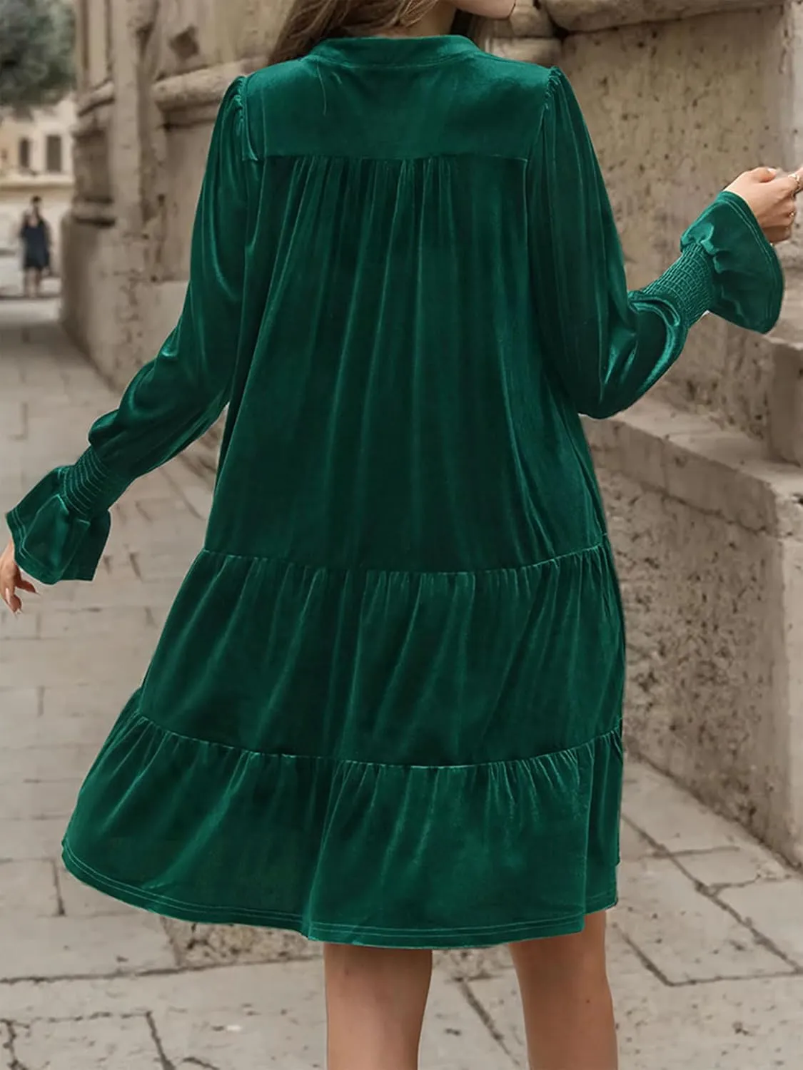 2024 Womens Elegant Velvet Long Sleeve Dress Casual Fall V Neck A Line Babydoll Flowy Formal Wedding Party Mini Dress