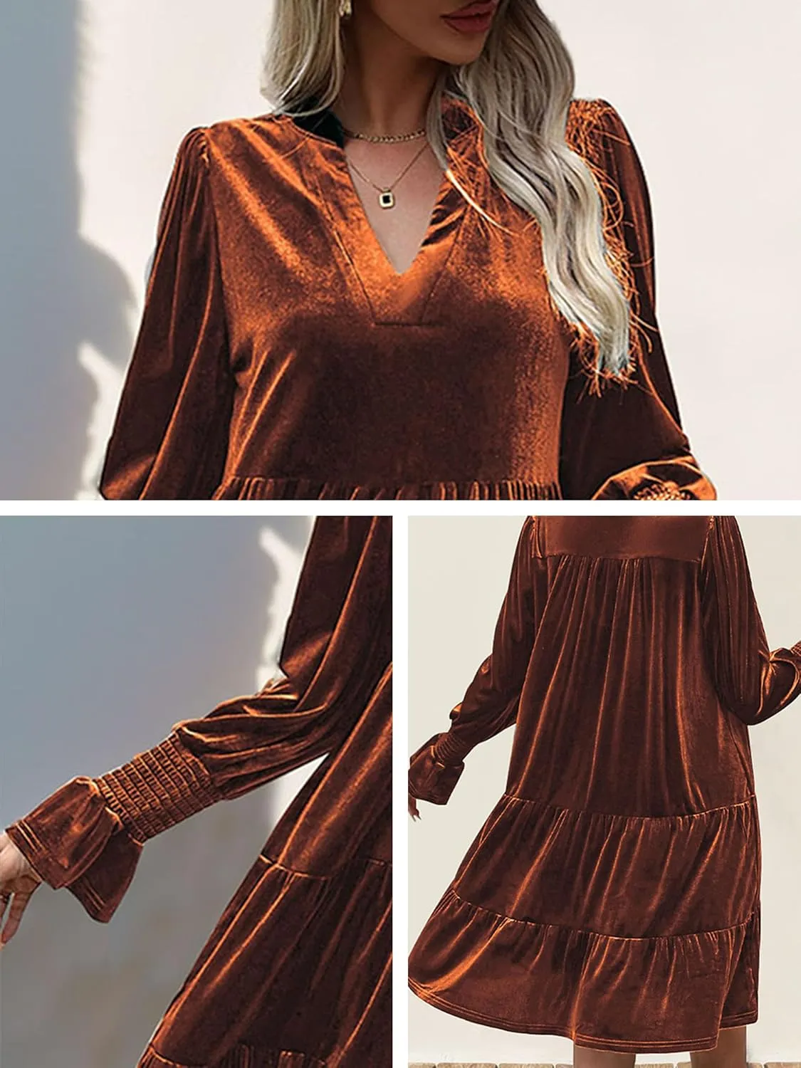 2024 Womens Elegant Velvet Long Sleeve Dress Casual Fall V Neck A Line Babydoll Flowy Formal Wedding Party Mini Dress