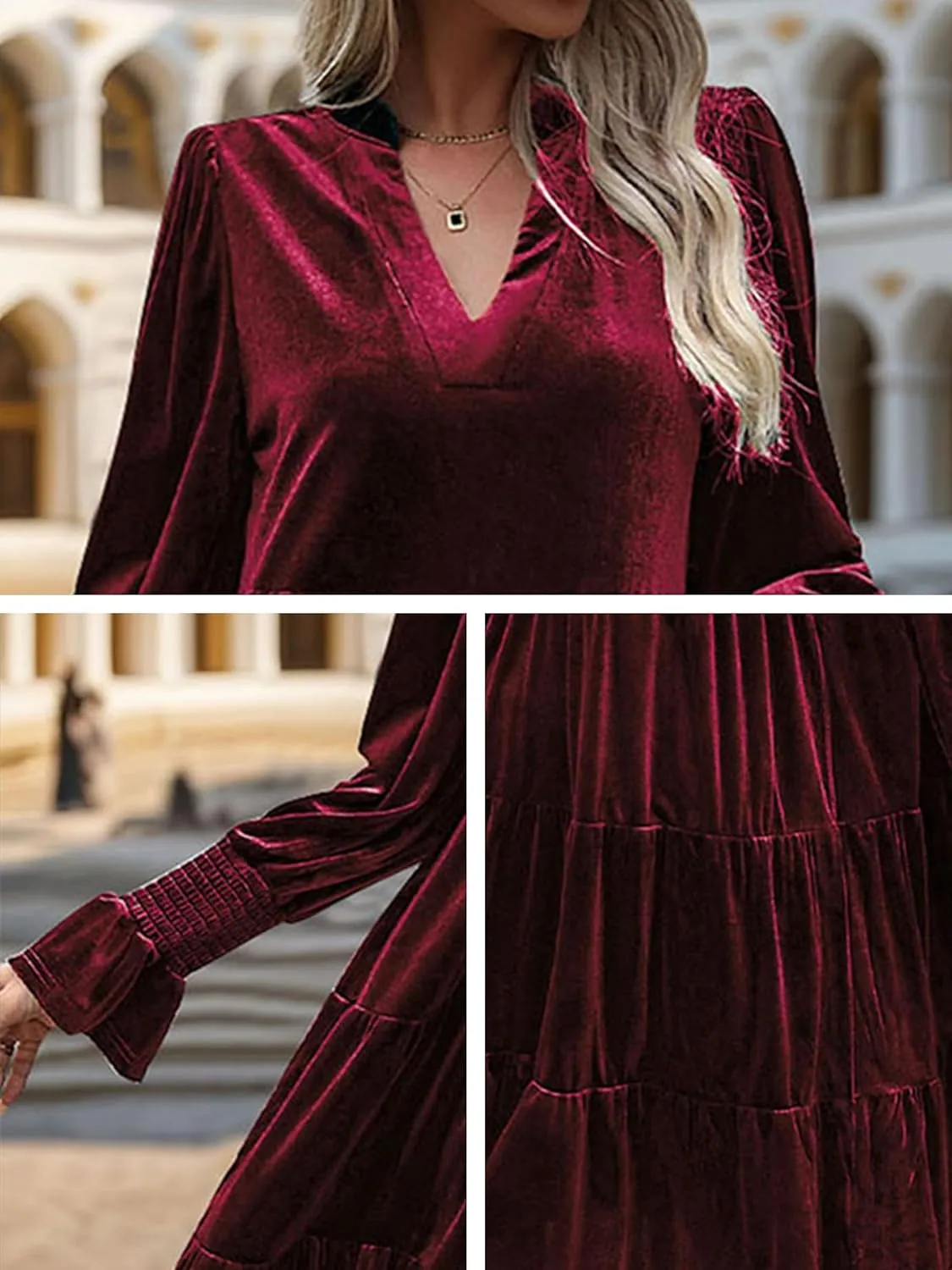 2024 Womens Elegant Velvet Long Sleeve Dress Casual Fall V Neck A Line Babydoll Flowy Formal Wedding Party Mini Dress