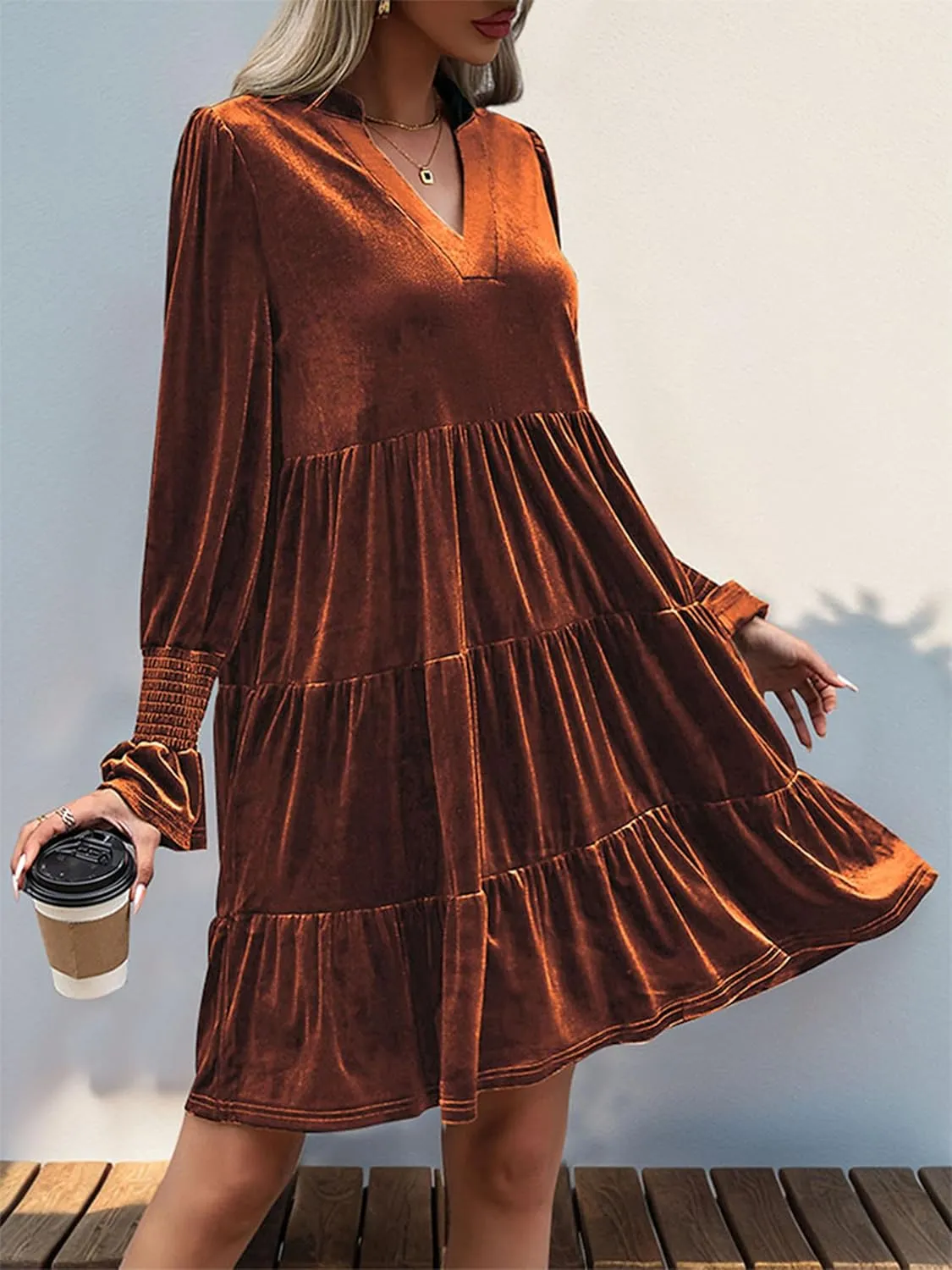 2024 Womens Elegant Velvet Long Sleeve Dress Casual Fall V Neck A Line Babydoll Flowy Formal Wedding Party Mini Dress