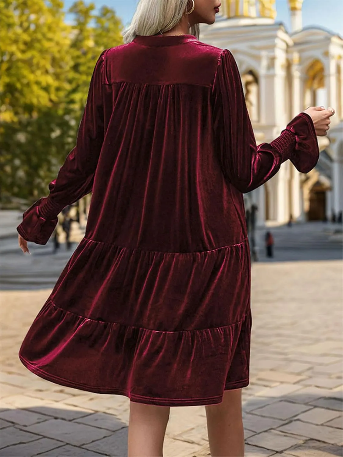 2024 Womens Elegant Velvet Long Sleeve Dress Casual Fall V Neck A Line Babydoll Flowy Formal Wedding Party Mini Dress