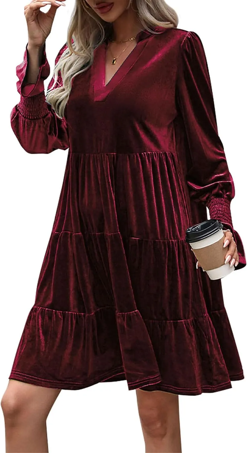 2024 Womens Elegant Velvet Long Sleeve Dress Casual Fall V Neck A Line Babydoll Flowy Formal Wedding Party Mini Dress