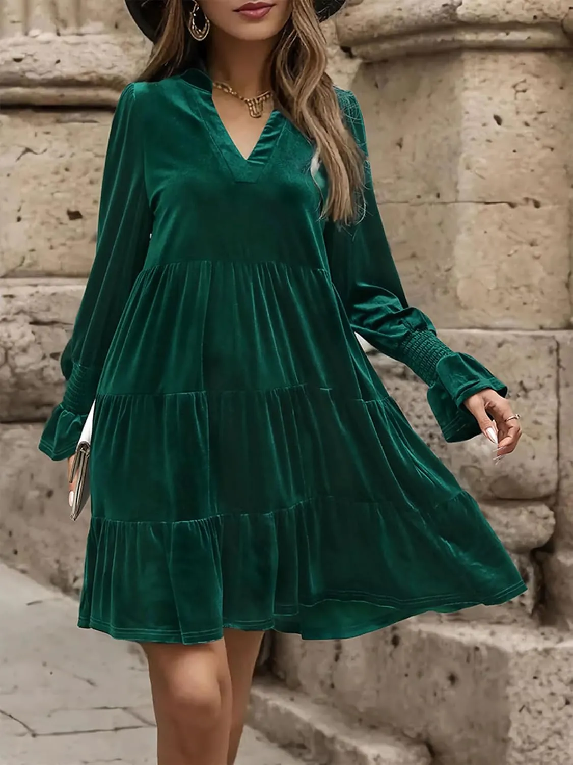 2024 Womens Elegant Velvet Long Sleeve Dress Casual Fall V Neck A Line Babydoll Flowy Formal Wedding Party Mini Dress