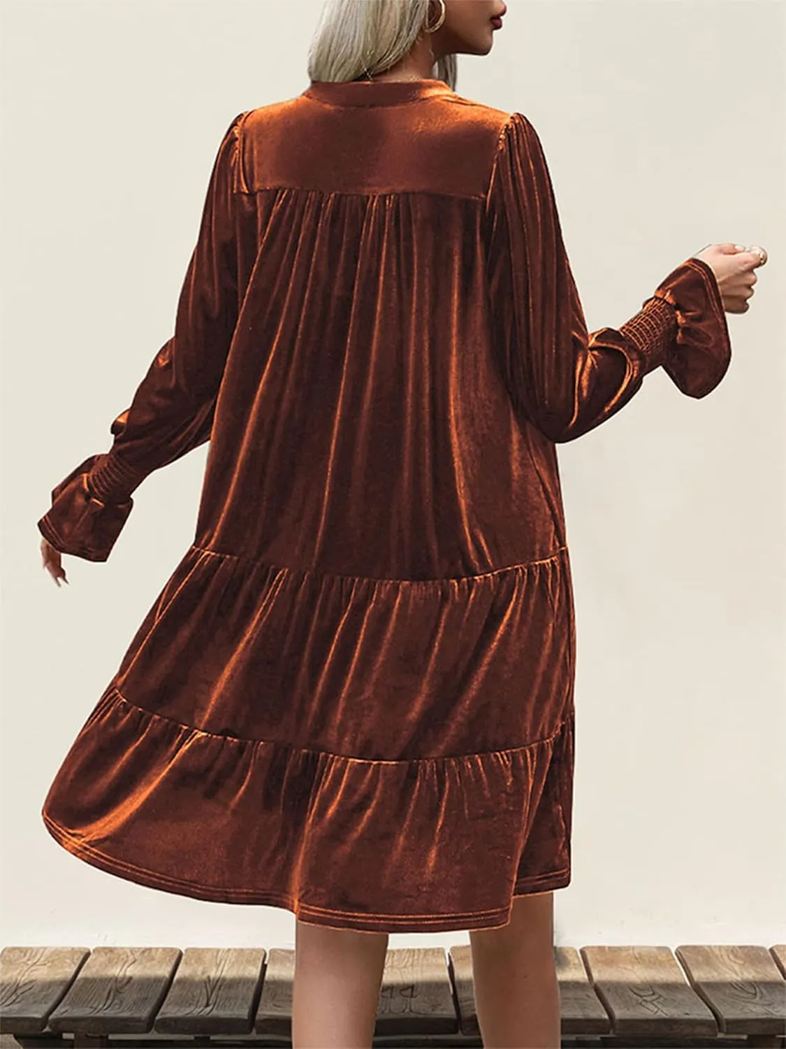 2024 Womens Elegant Velvet Long Sleeve Dress Casual Fall V Neck A Line Babydoll Flowy Formal Wedding Party Mini Dress