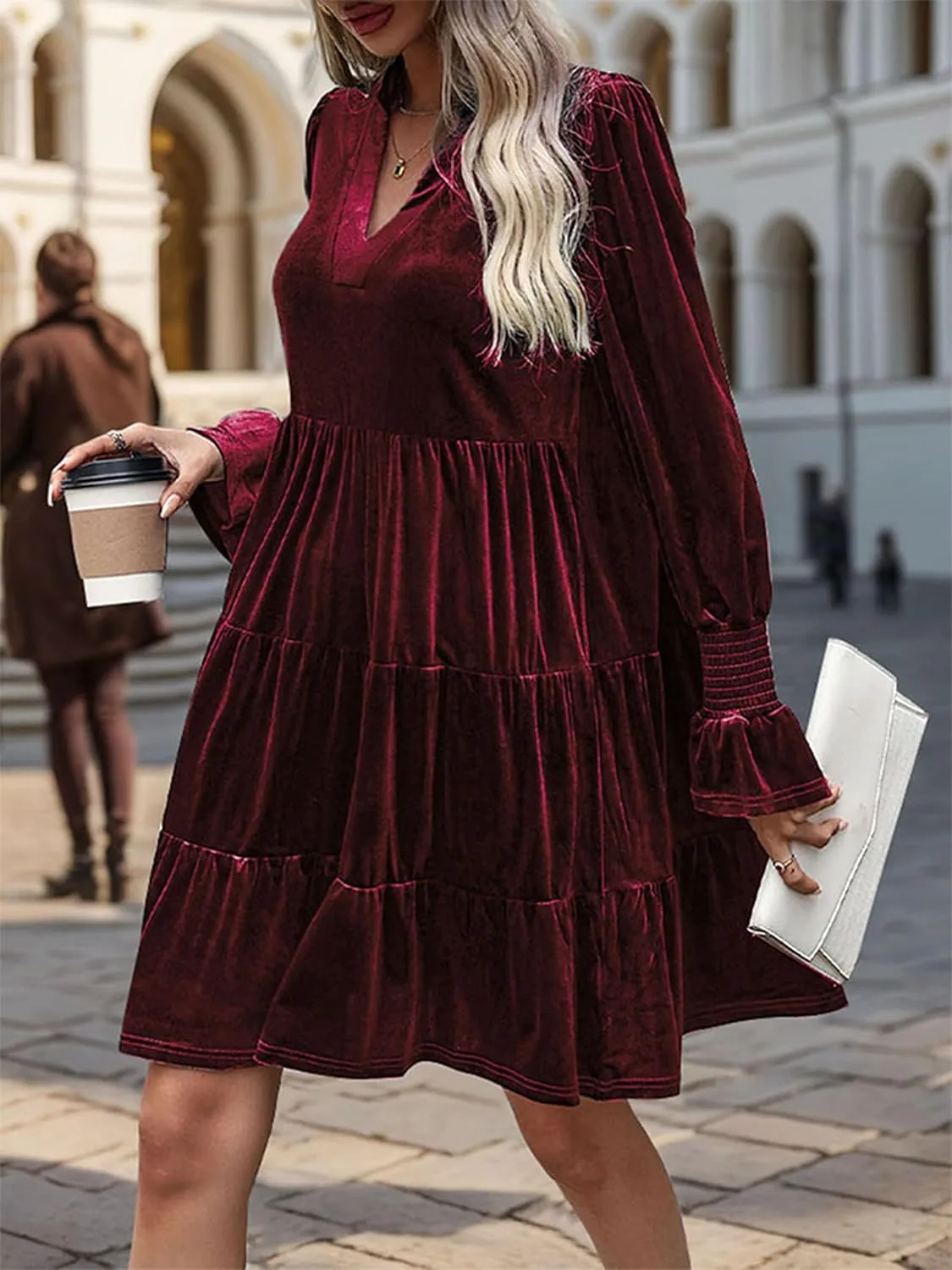 2024 Womens Elegant Velvet Long Sleeve Dress Casual Fall V Neck A Line Babydoll Flowy Formal Wedding Party Mini Dress