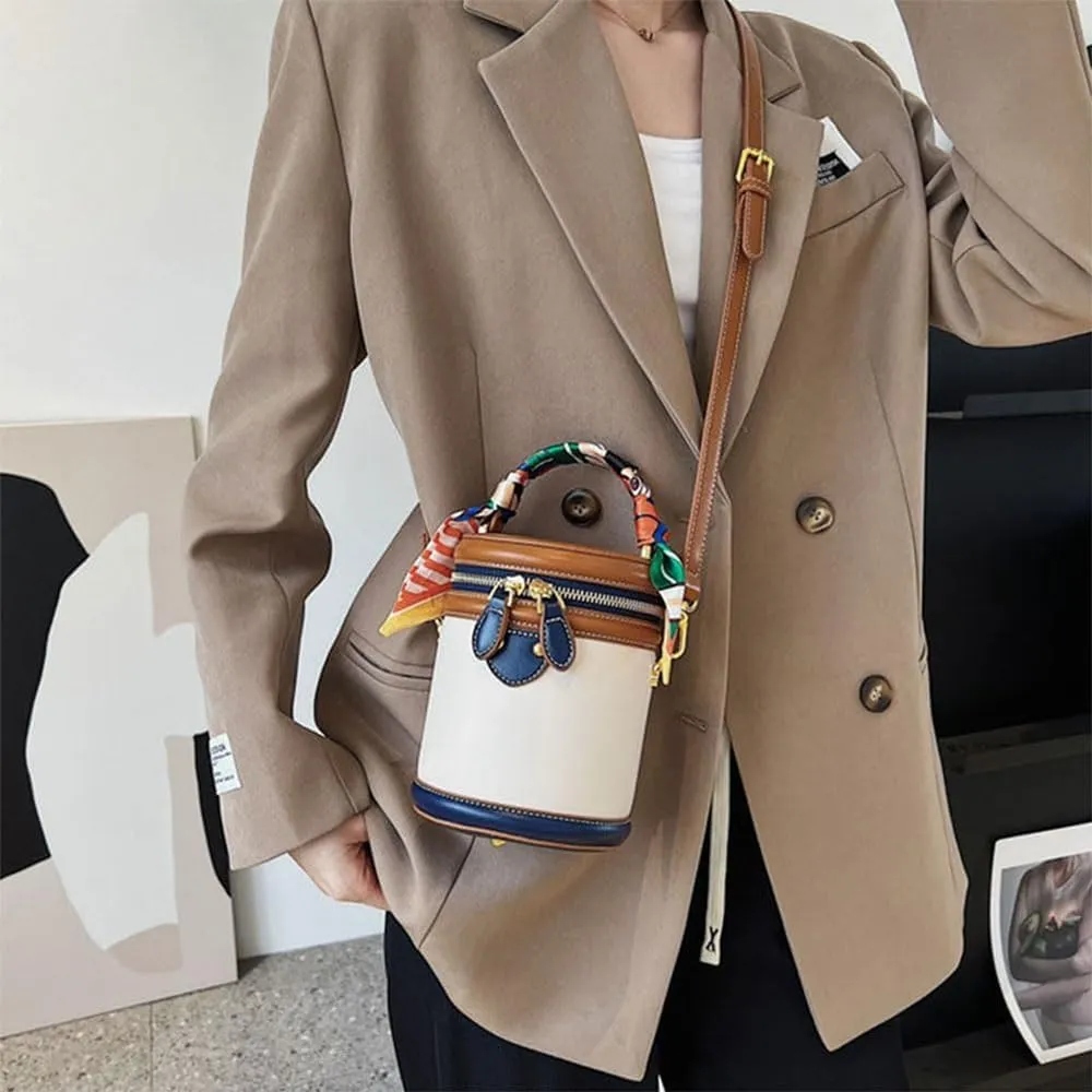 2025 New Colorblock Bucket Bag for Women,Leather Bucket Handbag,Fashionable Crossbody Bag
