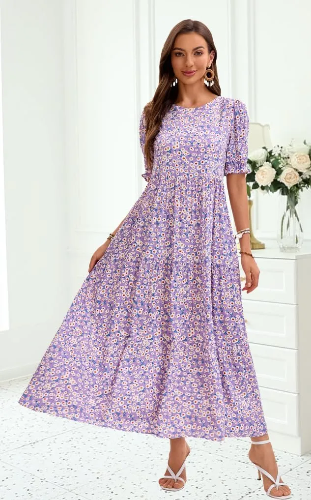2025 Womens Boho Floral Maxi Dress Flowy Beach Loose Long Dresses for Vocation