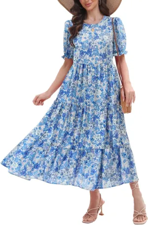 2025 Womens Boho Floral Maxi Dress Flowy Beach Loose Long Dresses for Vocation