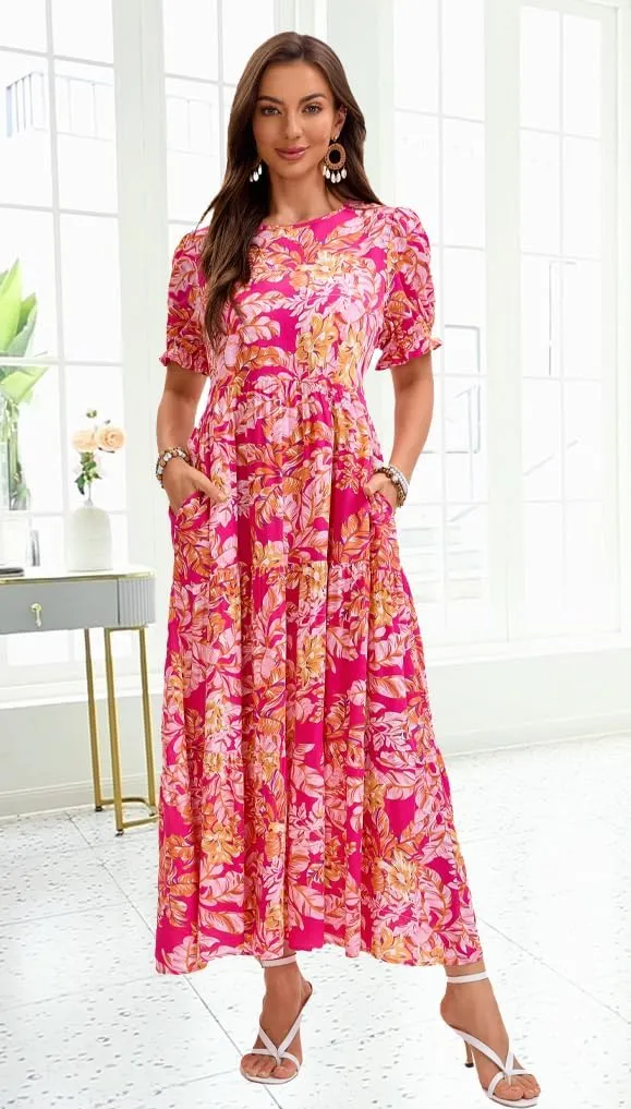 2025 Womens Boho Floral Maxi Dress Flowy Beach Loose Long Dresses for Vocation
