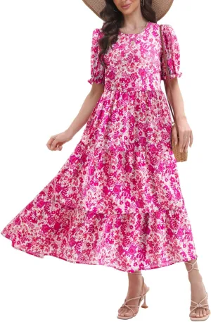2025 Womens Boho Floral Maxi Dress Flowy Beach Loose Long Dresses for Vocation