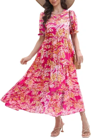 2025 Womens Boho Floral Maxi Dress Flowy Beach Loose Long Dresses for Vocation
