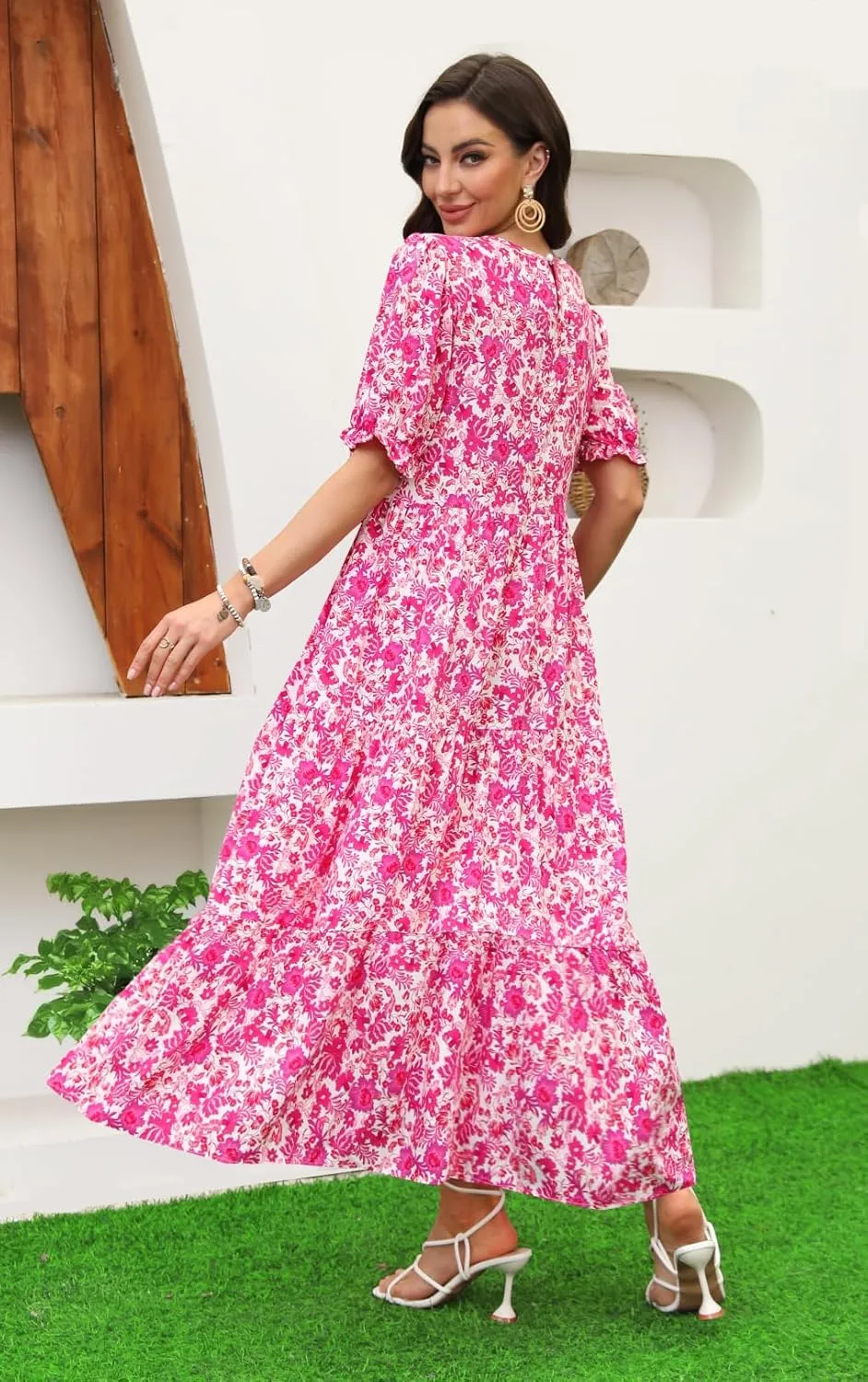 2025 Womens Boho Floral Maxi Dress Flowy Beach Loose Long Dresses for Vocation