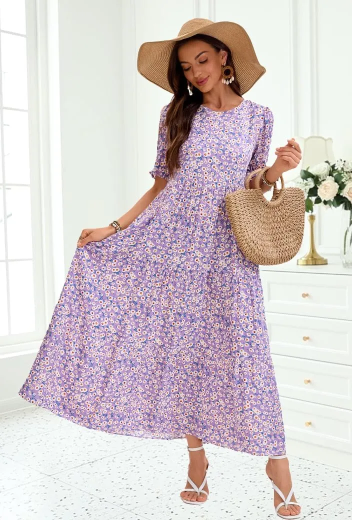2025 Womens Boho Floral Maxi Dress Flowy Beach Loose Long Dresses for Vocation