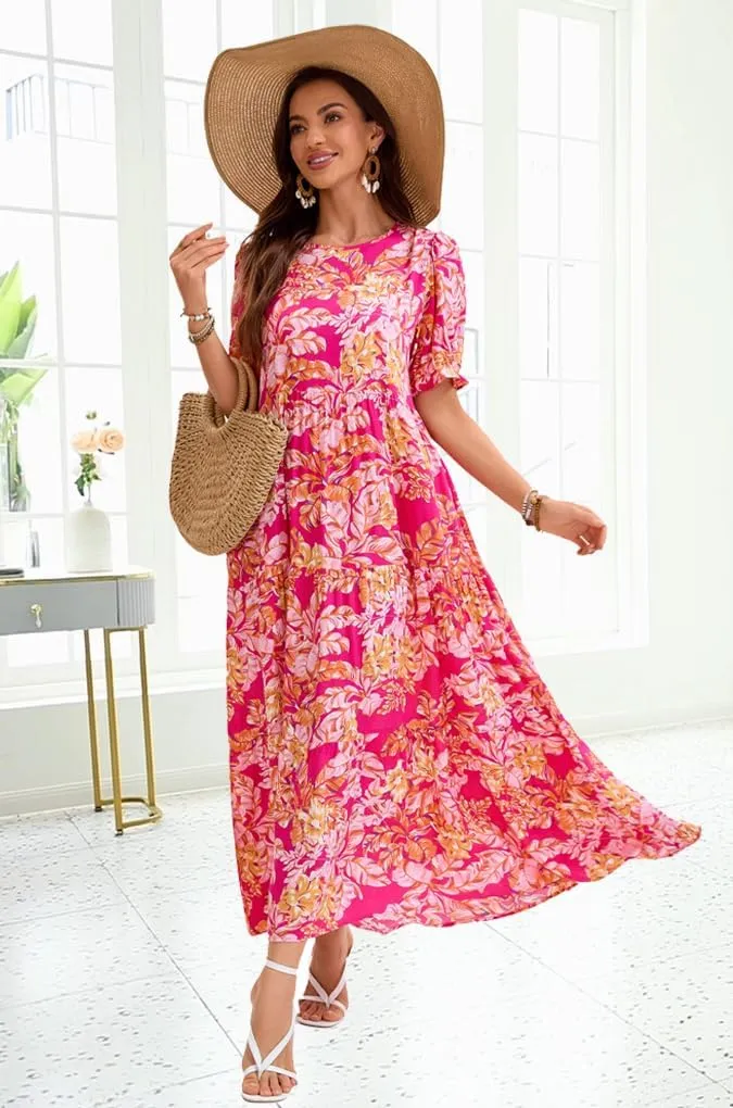 2025 Womens Boho Floral Maxi Dress Flowy Beach Loose Long Dresses for Vocation