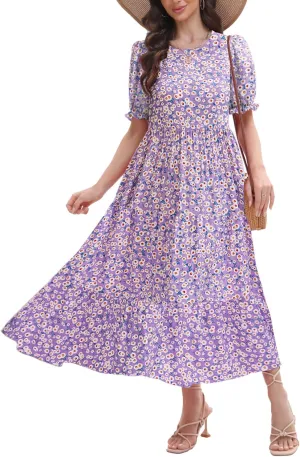 2025 Womens Boho Floral Maxi Dress Flowy Beach Loose Long Dresses for Vocation