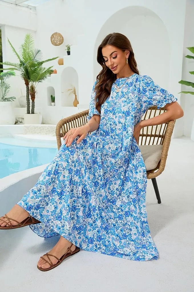 2025 Womens Boho Floral Maxi Dress Flowy Beach Loose Long Dresses for Vocation