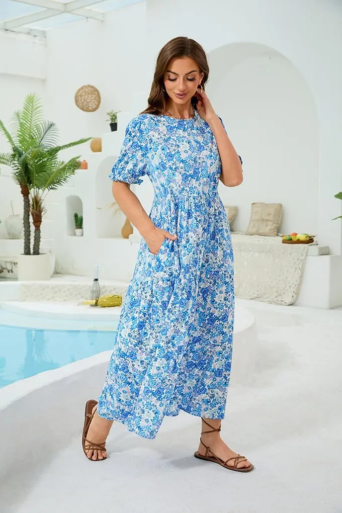 2025 Womens Boho Floral Maxi Dress Flowy Beach Loose Long Dresses for Vocation