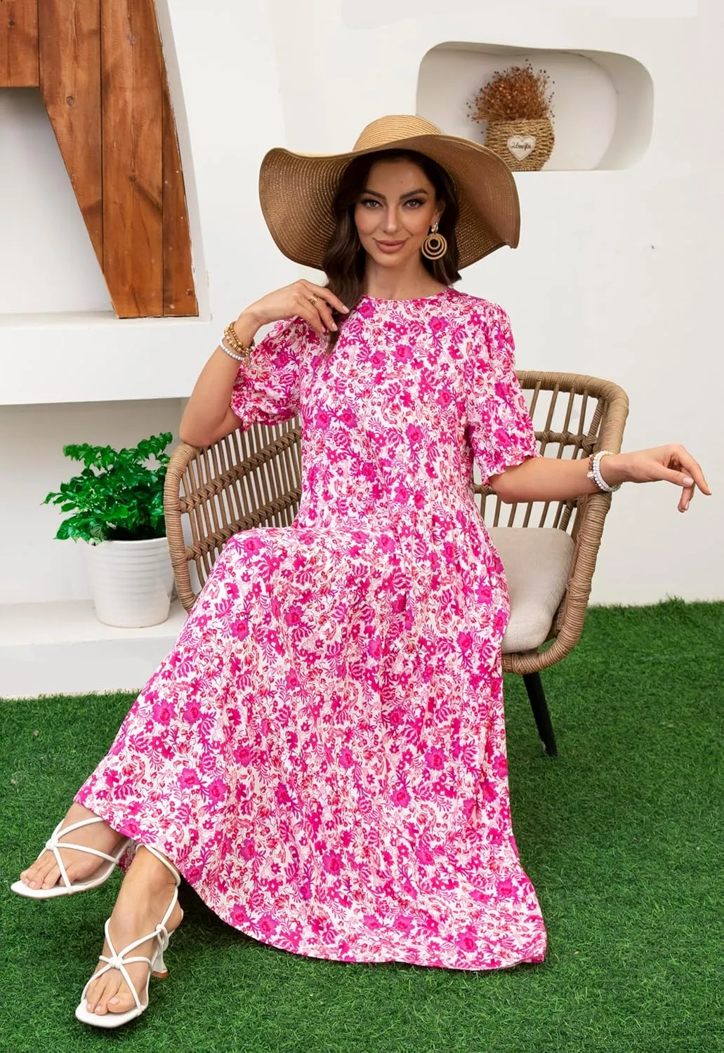 2025 Womens Boho Floral Maxi Dress Flowy Beach Loose Long Dresses for Vocation
