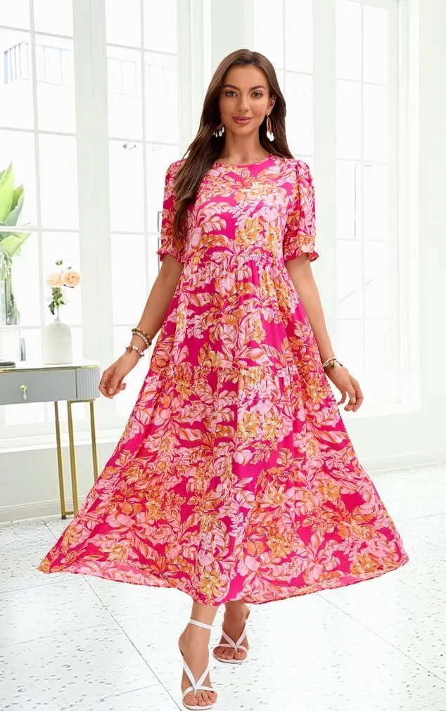 2025 Womens Boho Floral Maxi Dress Flowy Beach Loose Long Dresses for Vocation
