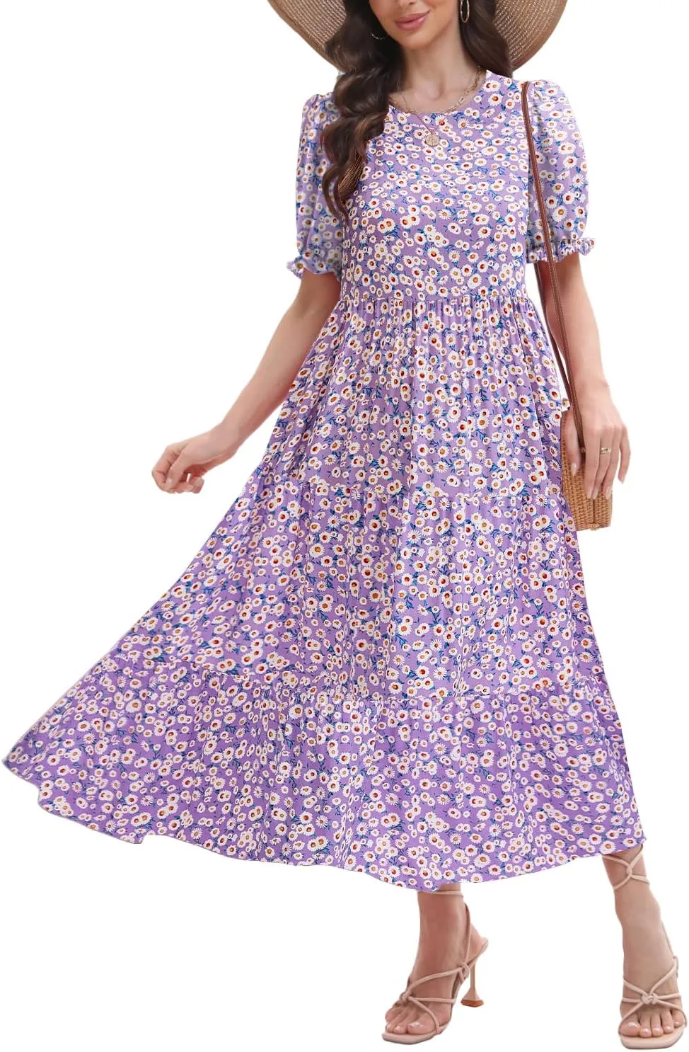 2025 Womens Boho Floral Maxi Dress Flowy Beach Loose Long Dresses for Vocation