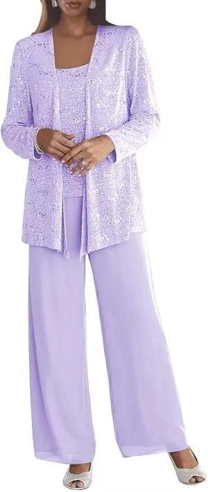 3 Pcs Pant Suit for Women Dressy Wedding Sparkly Sequins Long Sleeve Formal Outfit with Jacket