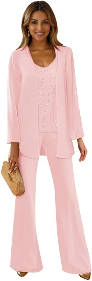 3 Piece Mother of The Bride Pant Suits for Wedding Long Sleeves Formal Pants Outfit with Jacket