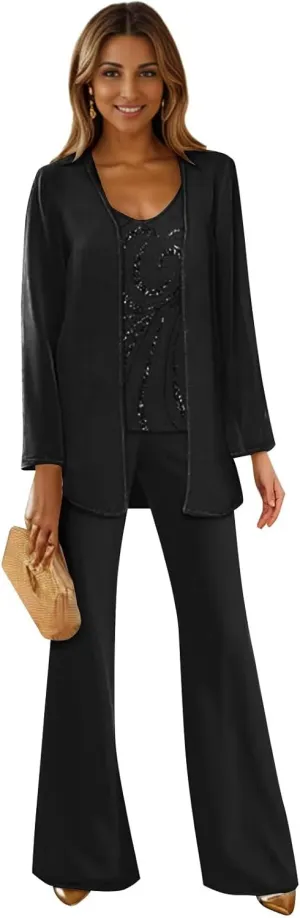 3 Piece Mother of The Bride Pant Suits for Wedding Long Sleeves Formal Pants Outfit with Jacket