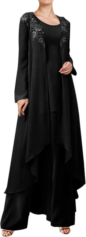 3 Pieces Mother of The Bride Dresses Pant Suits for Wedding Guest Groom Outfit Lace Chiffon Formal Gown Set with Jacket