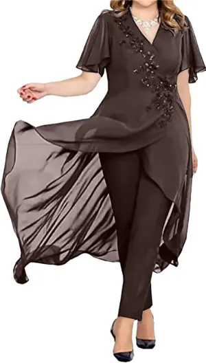 3 Pieces Mother of The Bride Pant Suits for Wedding Long Sleeves Chiffon Pantsuits Formal Evening Outfit with Jacket