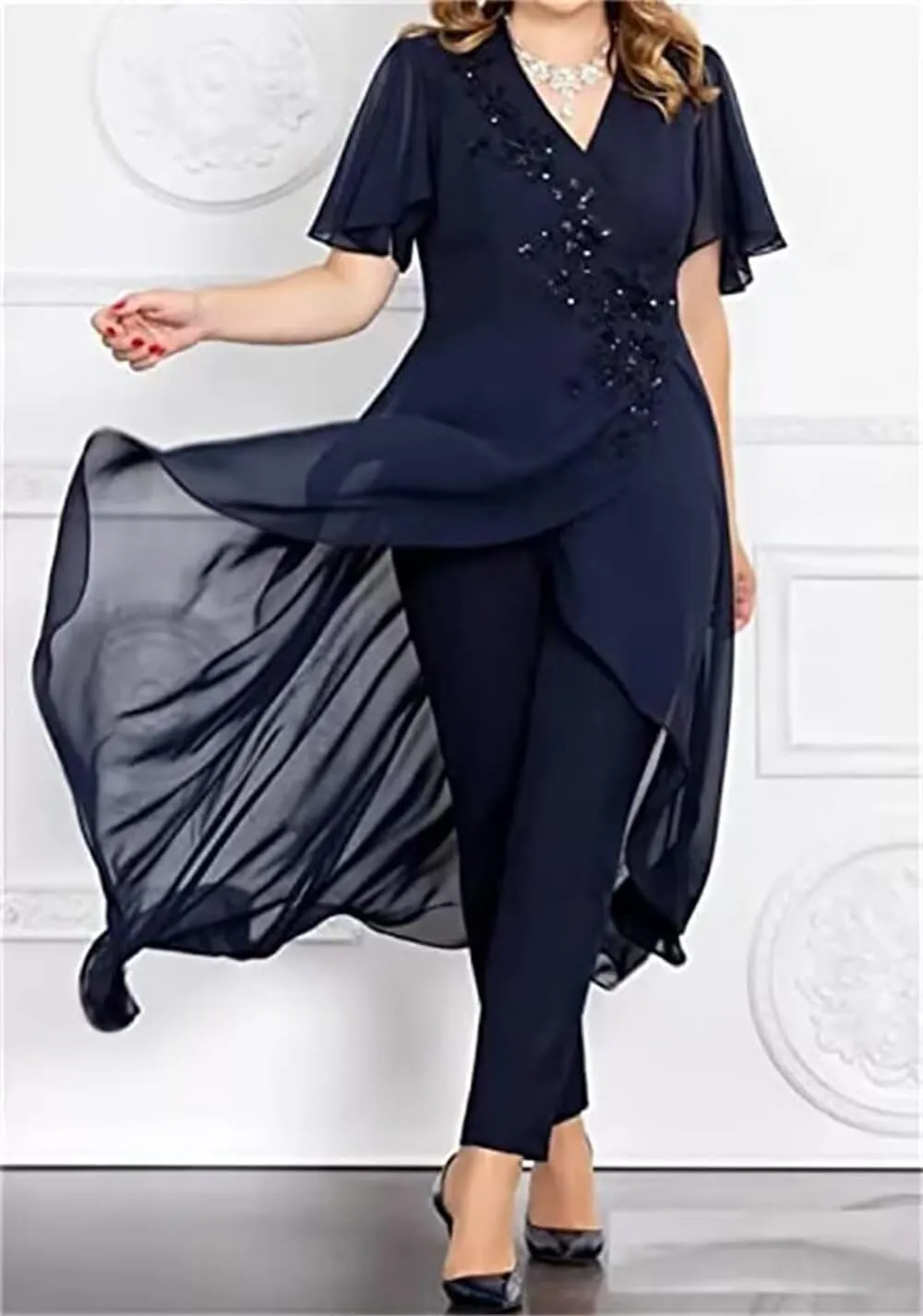 3 Pieces Mother of The Bride Pant Suits for Wedding Long Sleeves Chiffon Pantsuits Formal Evening Outfit with Jacket