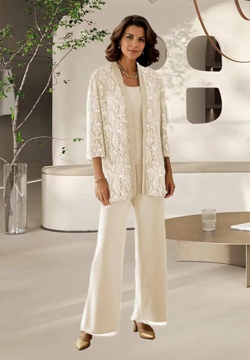 3 Pieces Mother of The Bride Pant Suits Lace Sequin Jumpsuit Sparkly Formal Outfit for Women Dressy