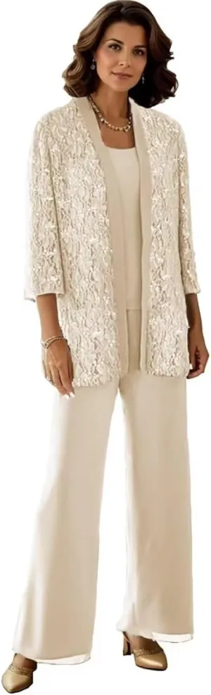 3 Pieces Mother of The Bride Pant Suits Lace Sequin Jumpsuit Sparkly Formal Outfit for Women Dressy