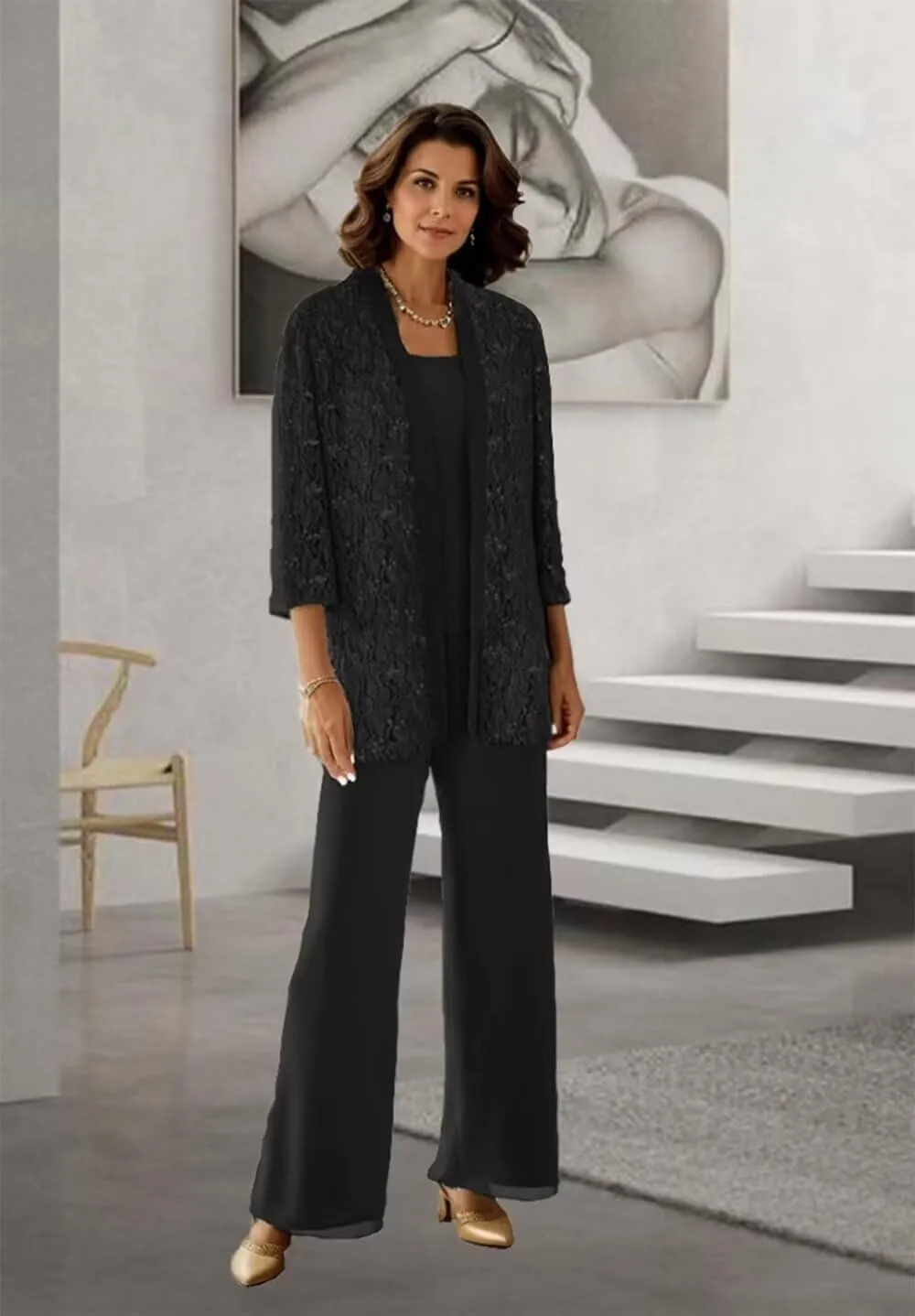 3 Pieces Mother of The Bride Pant Suits Lace Sequin Jumpsuit Sparkly Formal Outfit for Women Dressy
