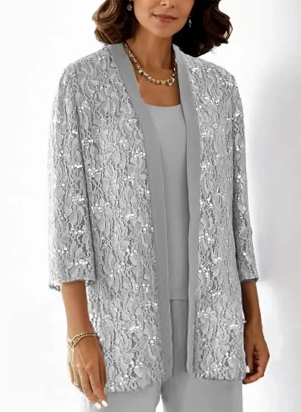 3 Pieces Mother of The Bride Pant Suits Lace Sequin Jumpsuit Sparkly Formal Outfit for Women Dressy