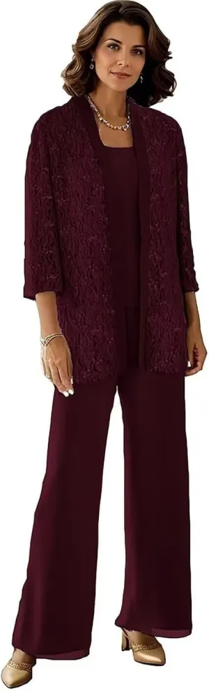 3 Pieces Mother of The Bride Pant Suits Lace Sequin Jumpsuit Sparkly Formal Outfit for Women Dressy