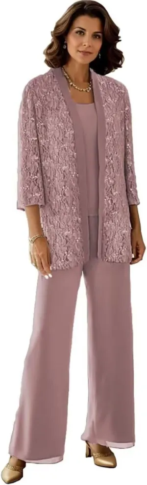3 Pieces Mother of The Bride Pant Suits Lace Sequin Jumpsuit Sparkly Formal Outfit for Women Dressy