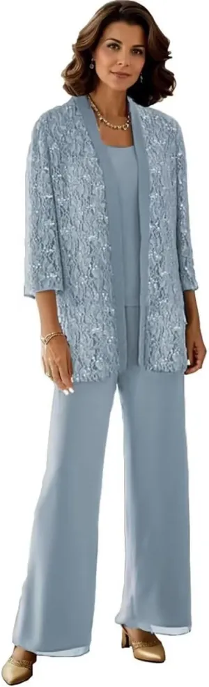 3 Pieces Mother of The Bride Pant Suits Lace Sequin Jumpsuit Sparkly Formal Outfit for Women Dressy