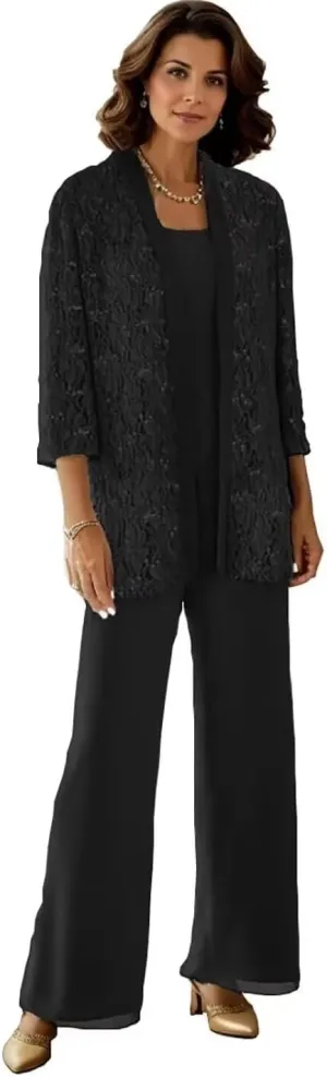 3 Pieces Mother of The Bride Pant Suits Lace Sequin Jumpsuit Sparkly Formal Outfit for Women Dressy
