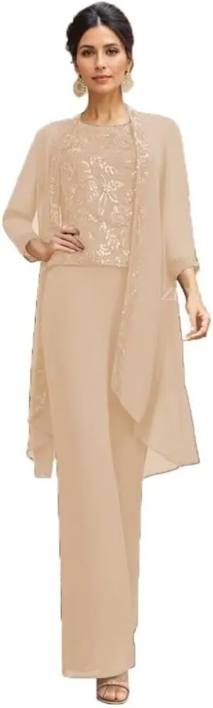 3 Pieces Mother of The Bride Pantsuits for Wedding Lace Applique Chiffon Formal Outfits with Jacket