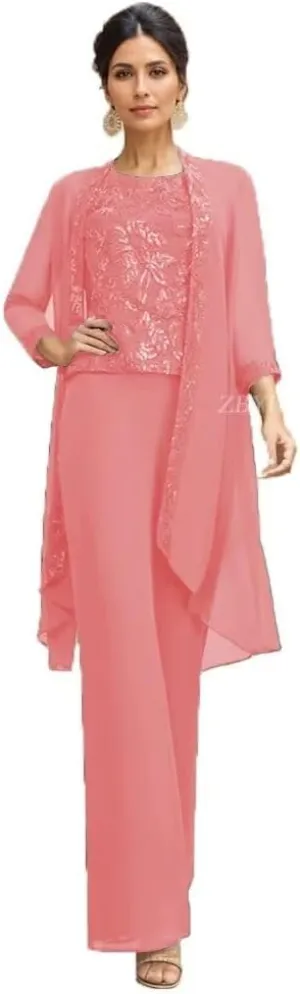 3 Pieces Mother of The Bride Pantsuits for Wedding Lace Applique Chiffon Formal Outfits with Jacket