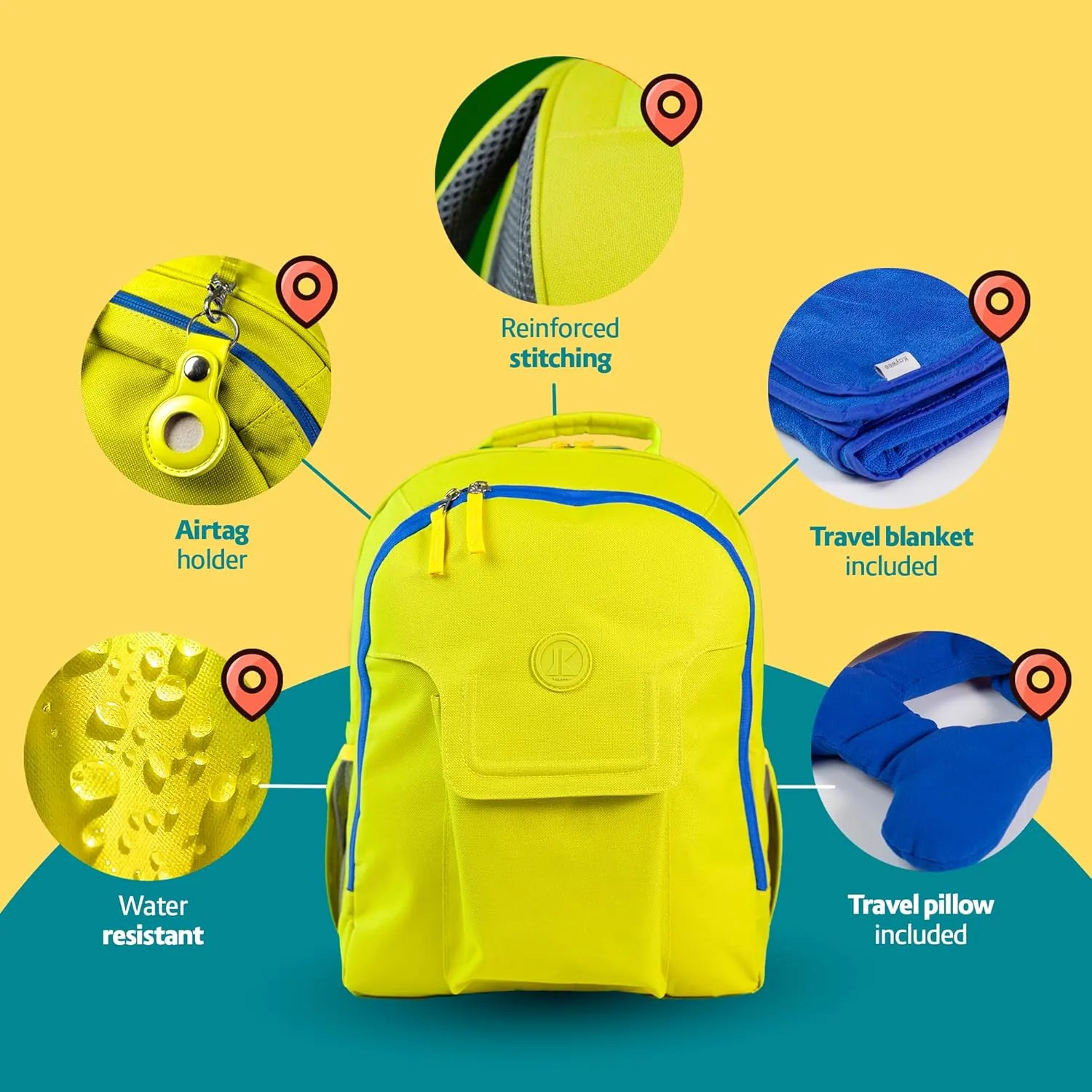 3pc Kids Travel Backpack for airplane | Kids travel pillow and blanket set | Kid AirTag holder included | Lime green backpack